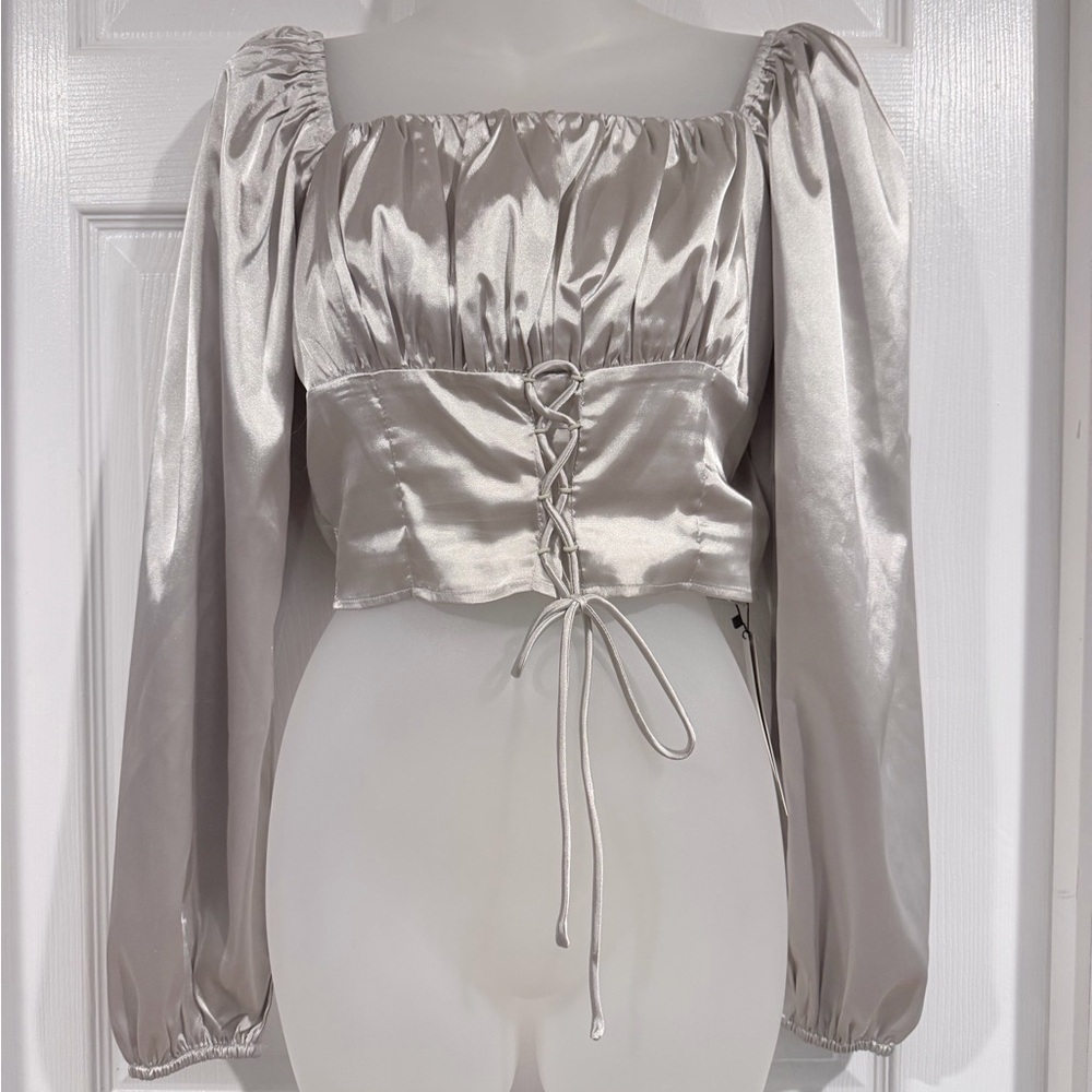 Satin Lace-Up Long Sleeve Crop Top in Silver